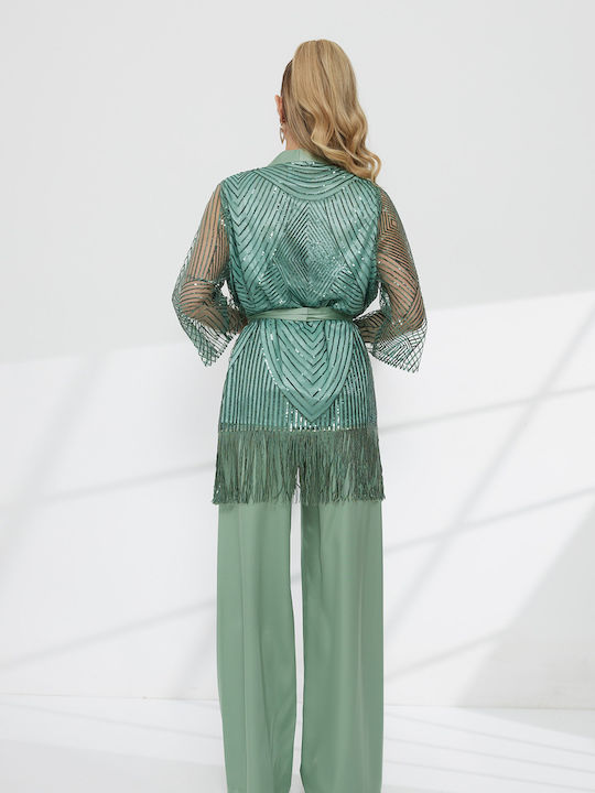 Women's Green Set with Trousers with Sequins