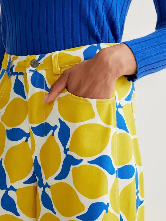 Women's High Rise Fabric Trousers in Wide Leg Style White/lemon