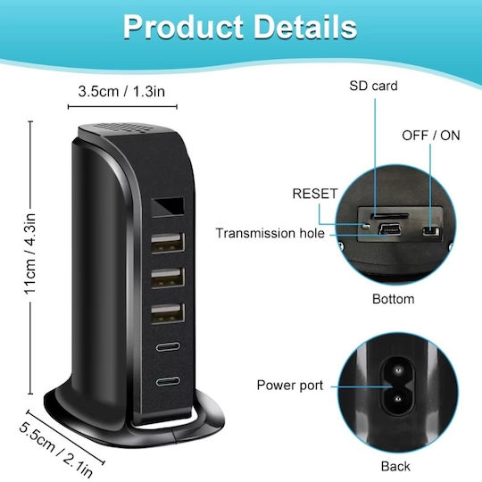 Cameră Ascunsă Stație de Încărcare Iuni Ip91 64gb Wi-fi Full Hd Senzor de Mișcare 20w 2 Porturi Type-c 3 Porturi Usb-a