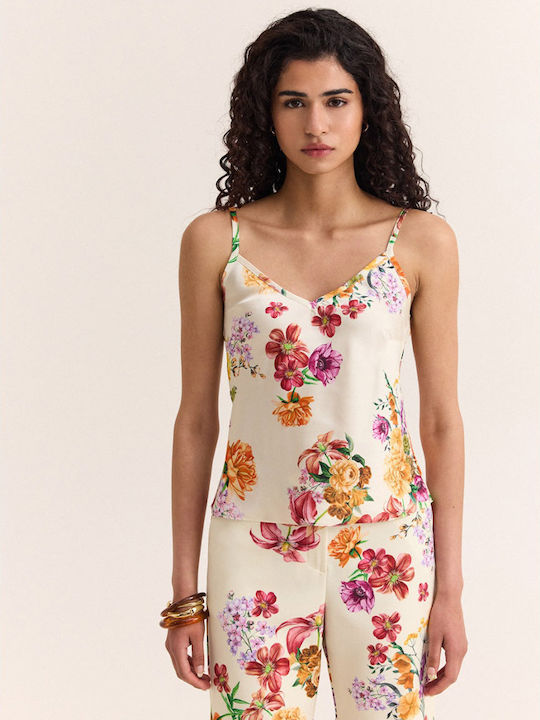 Women's Satin Blouse with Spaghetti Straps Floral Vanilla