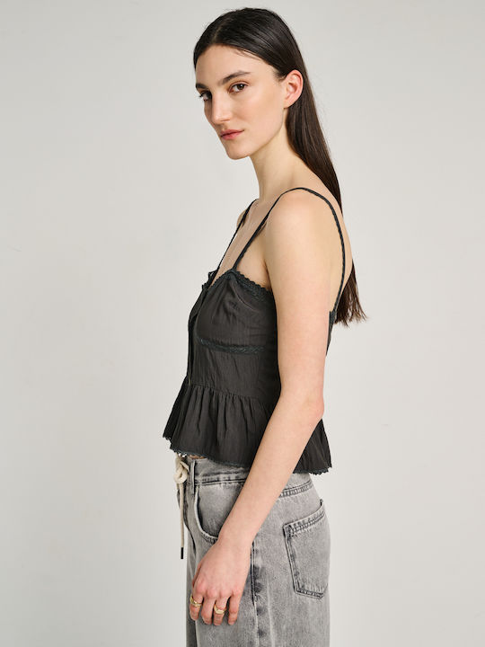Women's Cotton Blouse with Spaghetti Straps Black