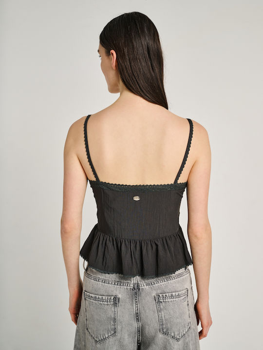 Women's Cotton Blouse with Spaghetti Straps Black