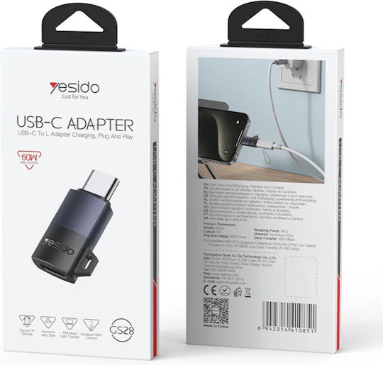 Otg Adaptor Lightning To Type-c 60w 480mbps Aluminum Alloy Yesido Silver