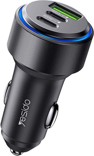 Yesido Încărcător Auto Cu Mufă De Brichetă 60W Încărcare Rapidă Cu Porturi 1xUSB-A 2xUSB-C Culoare Neagră