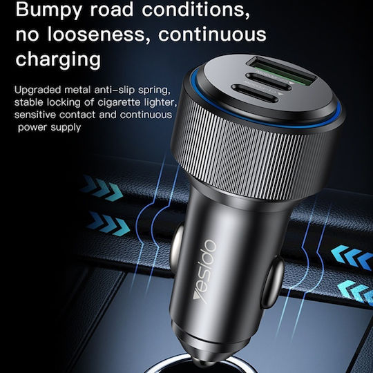Yesido Încărcător Auto Cu Mufă De Brichetă 60W Încărcare Rapidă Cu Porturi 1xUSB-A 2xUSB-C Culoare Neagră