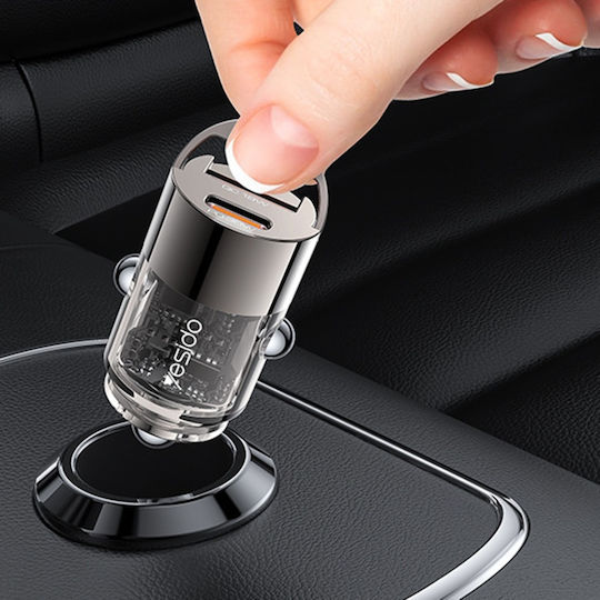 Yesido Încărcător Auto Cu Mufă De Brichetă 30W Încărcare Rapidă Cu Porturi 1xUSB-A 1xType-C Culoare Neagră