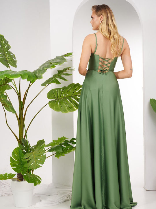 Summer Maxi Evening Satin Dress with Tearing Olive
