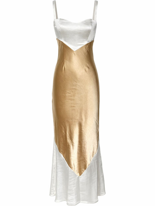 Summer Maxi Evening Satin Dress White/Gold