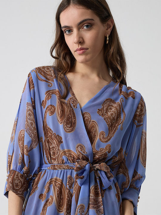 Summer Midi Wrap Dress with Tearing Blue