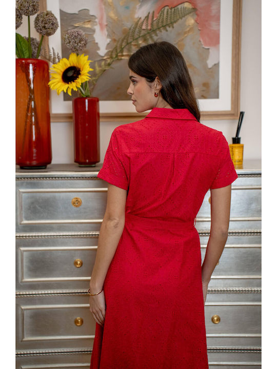 Summer Midi Shirt Dress Red