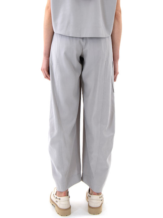 Moutaki Women's High Rise Fabric Cargo Trousers with Rubber Band in Balloon Leg Style Gray