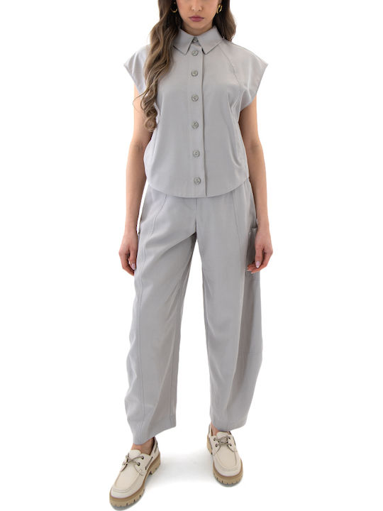 Damen Hochgeschnittenes Stoff Cargo Hosen mit Gummiband in Balloon Stil Grau