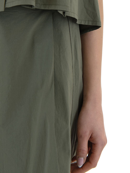 Damen Hochbund Stoffhose mit Gummiband in Balloon Bein Stil Khaki
