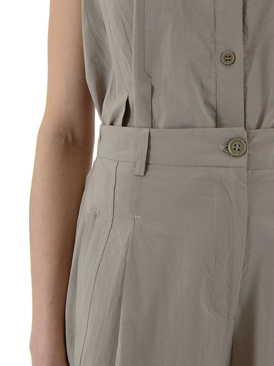 Women's High Rise Fabric Trousers with Rubber Band in Balloon Leg Style Beige