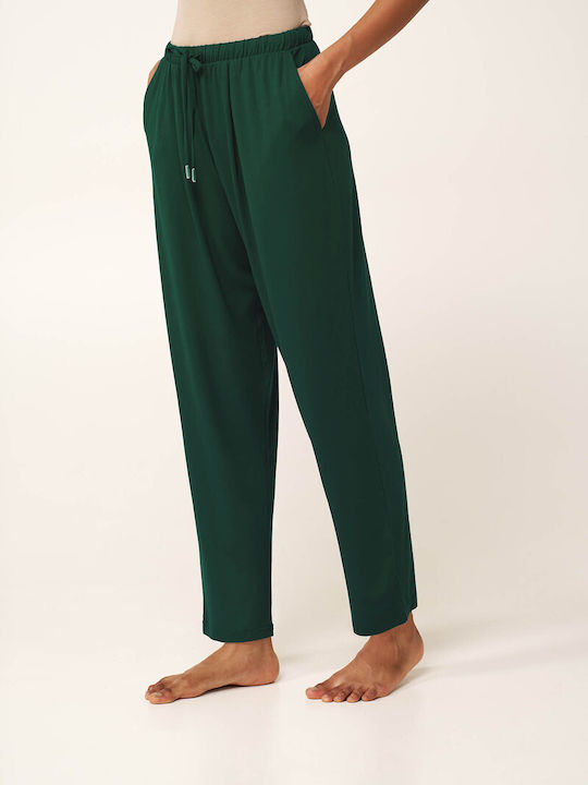 Women's Fabric Trousers with Rubber Band in Tapered Leg Green Garden