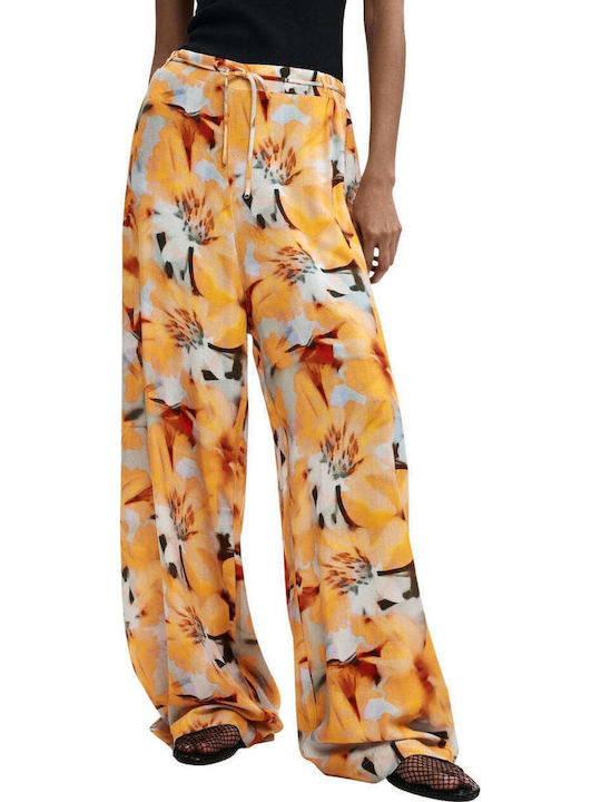 Women's Fabric Trousers in Regular Fit Floral Orange