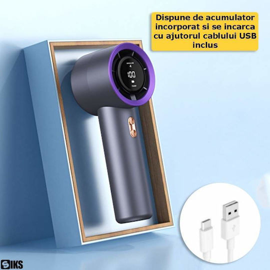 Siks Turbo Ventilator Portabil De Mână Ecran Lcd 200 Niveluri De Intensitate Afișaj Nivel Baterie Încărcare Usb Cablu Inclus Mov
