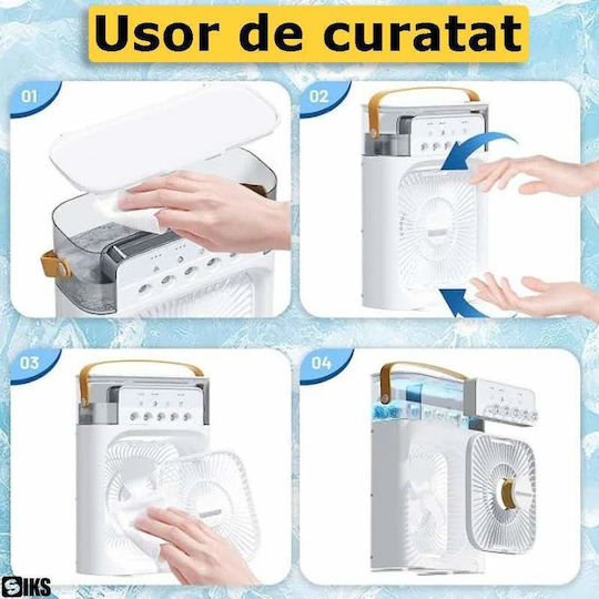 Siks Ventilator Portabil 3-în-1 Pentru Răcirea Camerei Pulverizator Cu Apă Umidificator Ventilație Răcire Iluminare Difuzor Aromaterapie Timer Oprire Automată Ergonomic 10W Încărcare USB Compartiment De Depozitare Gheață Ușor De Curățat Alb