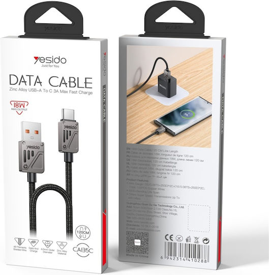 Datenkabel USB zu Type-C QC 18W 3A 480Mbps Nylon Yesido Schwarzes