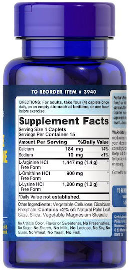 L-Arginine L-Ornithine L-Lysine 60 Coated Capsules Puritans Pride
