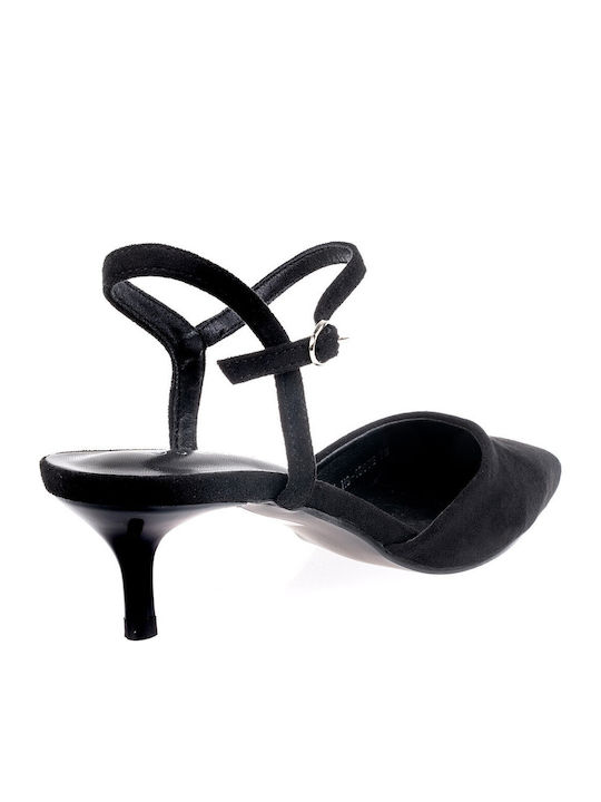 Pointed Toe Heels with Strap & Thin Mid Heel Black