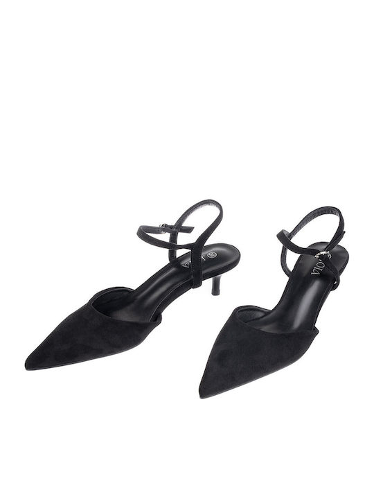 Pointed Toe Heels with Strap & Thin Mid Heel Black