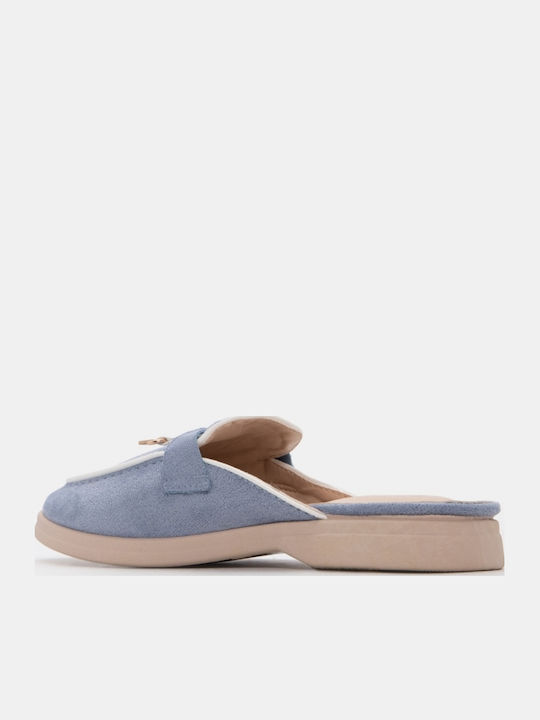 Flat Suede Mules In Light Blue Colour