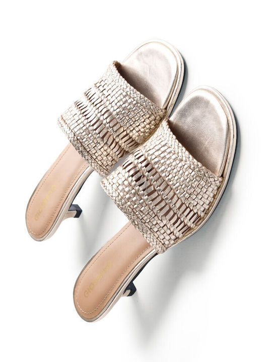 Leather Mules With Low Heel In Gold Colour