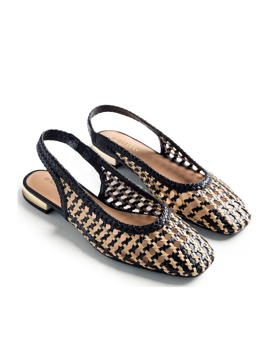 Δερμάτινες Γυναικείες Μπαλαρίνες Slingback με Λουράκι Black/Beige