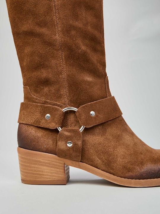 Suede Women's Cowboy Boots with Mid Heel Tabac Brown