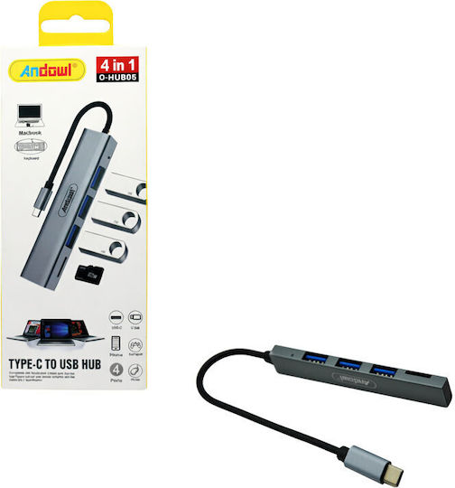 Andowl 3-Port USB 3.0 Hub with USB-C Connection Gray