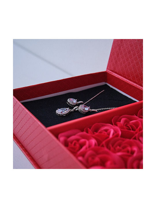 Set Elegant Cristale Zirconia Fulgi De Zăpadă Oțel Inoxidabil În Cutie De Bijuterii Trandafiri Spumă Roșii Mesaj
