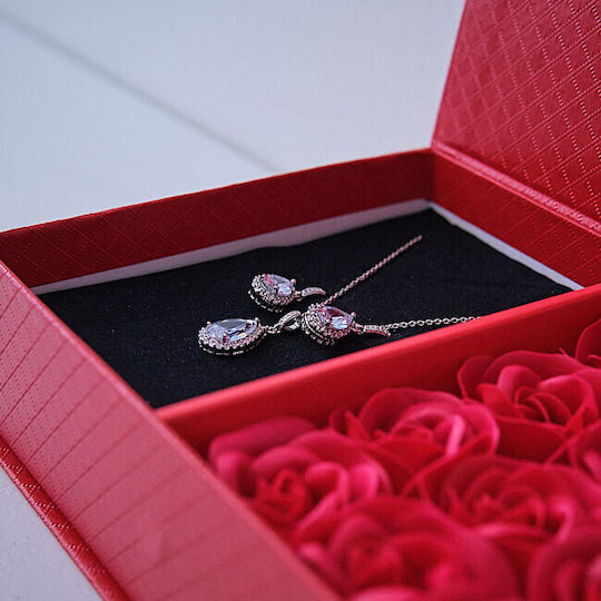 Elegant Set Zirconia Crystals Snowflakes Stainless Steel In A Jewelry Box A Message Foam Roses Red