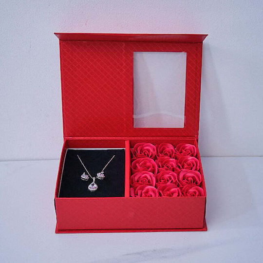 Elegant Set Zirconia Crystals Snowflakes Stainless Steel In A Jewelry Box A Message Foam Roses Red
