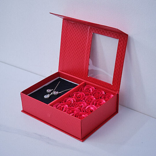 Elegant Set Zirconia Crystals Snowflakes Stainless Steel In A Jewelry Box A Message Foam Roses Red
