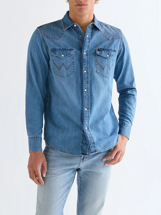 Wrangler Western Hemd Langärmeliges Denim Hemd in Normale Passform Mid Light Wash Wrangler Western Hemd Langärmeliges Denim Hemd in Normale Passform Mid Light Wash