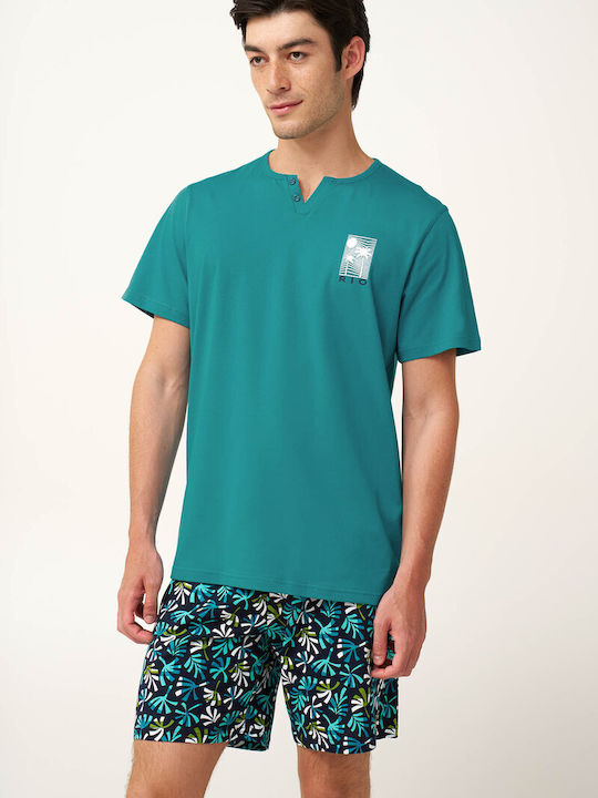 Vamp Sommer Herrenpyjama Baumwollene Aqua Bay