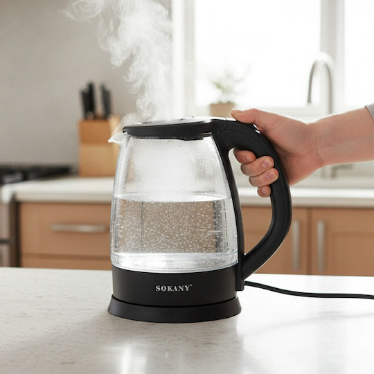 Sokany Fierbător Electric din Sticlă 1500W 2L Bază Rotativă 360° Negru