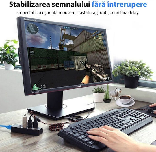 Hub USB 7 Porturi Huba55 1 X USB 3.0 6 X USB 2.0 Alimentare Indicator LED Comutator Independent PC Laptop Desktop Negru