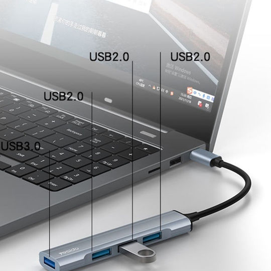 4in1 Docking Station Usb-C Zu 1x Usb 3.0 3x Usb 2.0 5gbps Aluminium Yesido Graue