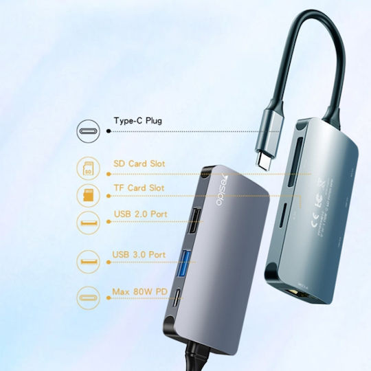 Docking Station Usb-c La Usb 3.0 Sd Tf Rj45 100mbps Pd 80w Aliaj De Aluminiu Yesido Gri