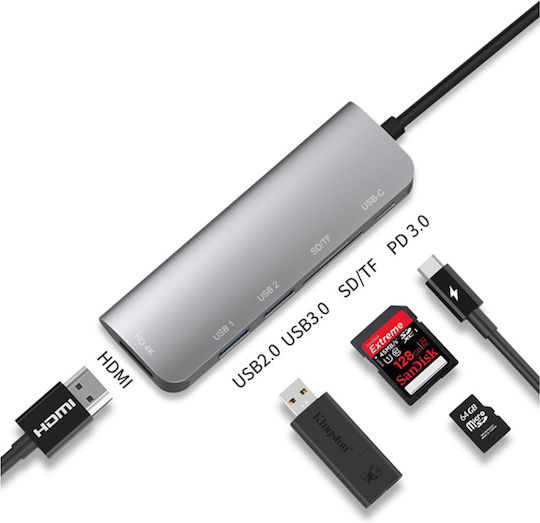 Eko Hub 6în1 Hdmi4k Sd Micro-sd Usb3.0 Usb-c La Usb Tip-c Gri