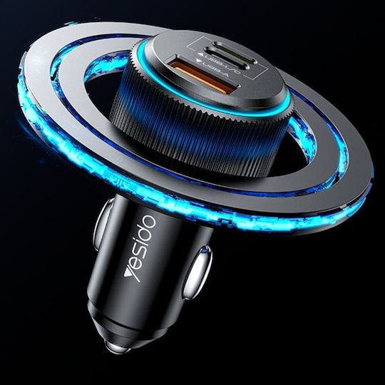 Yesido Încărcător Auto Cu Mufă De Brichetă 38W Încărcare Rapidă Cu Porturi 1xUSB-A 2xUSB-C Culoare Neagră
