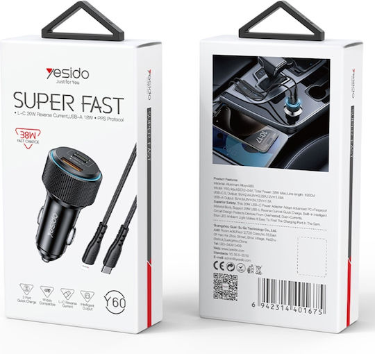 Yesido Încărcător Auto Cu Mufă De Brichetă 38W Încărcare Rapidă Cu Porturi 1xUSB-A 2xUSB-C Culoare Neagră
