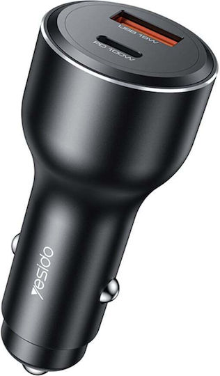 Yesido Încărcător Auto Cu Mufă De Brichetă 100W Încărcare Rapidă Cu Porturi 1xUSB-A 1xType-C Culoare Neagră