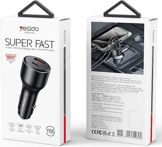 Yesido Încărcător Auto Cu Mufă De Brichetă 100W Încărcare Rapidă Cu Porturi 1xUSB-A 1xType-C Culoare Neagră