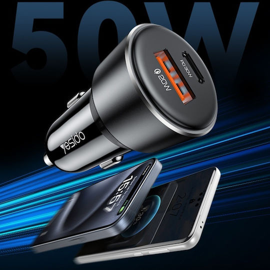 Yesido Încărcător Auto Cu Mufă De Brichetă 30W Încărcare Rapidă Cu Porturi 1xUSB-A 1xType-C Culoare Neagră