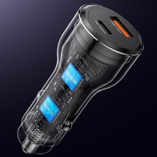 Yesido Încărcător Auto Cu Mufă De Brichetă 100W Încărcare Rapidă Cu Porturi 1xUSB-A 1xType-C Culoare Neagră