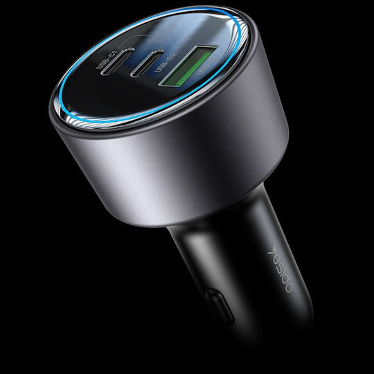 Yesido Автомобилен Зарядно Устройство 200W Бързо Зареждане с Портове 1xUSB-A 2xUSB-C Портове Черен Цвят
