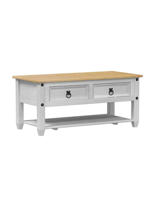Rectangular Central Coffee Table Made of Solid Wood with Drawers White W100xD48xH45cm